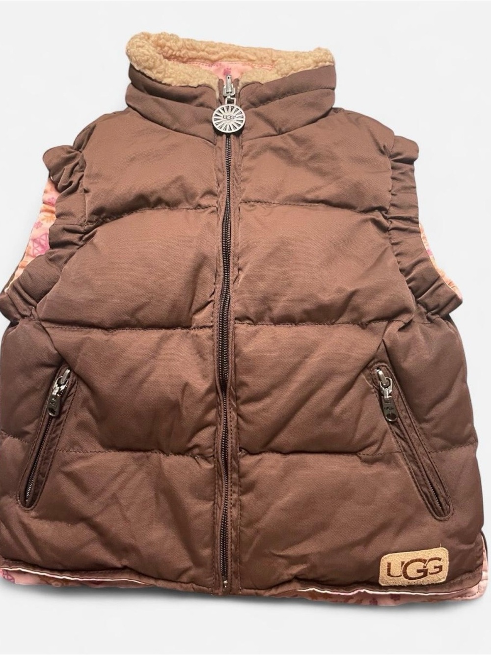 UGG Kids Chocolate Brown reversible Puffer Vest with Sherpa Collar
